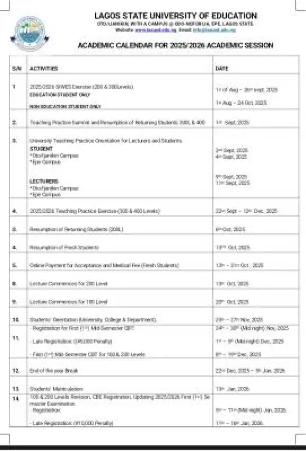 LASUED releases approved academic calendar, 2025/2026