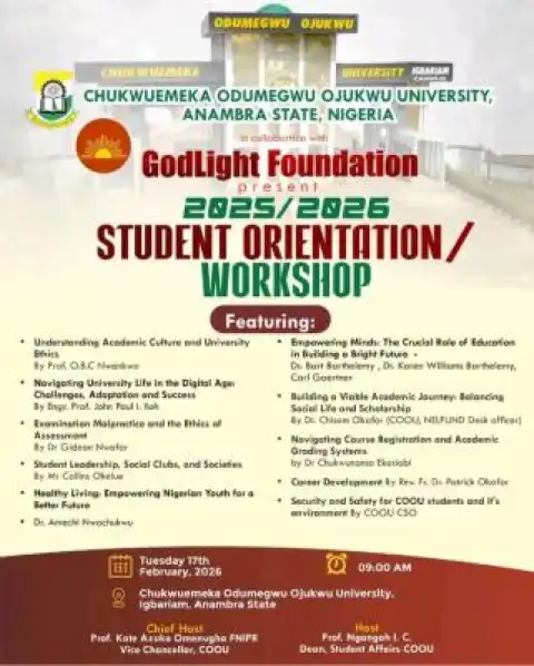 COOU announces 2025/2026 Orientation Exercise for Freshmen