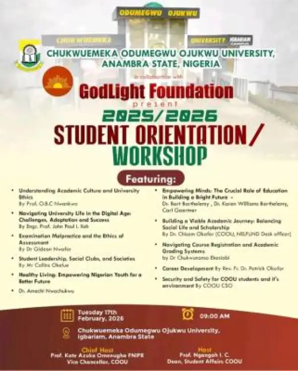 COOU announces 2025/2026 Orientation Exercise for Freshmen