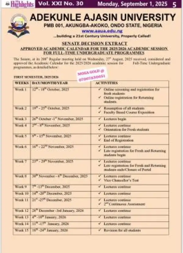 AAUA releases approved academic calendar, 2025/2026
