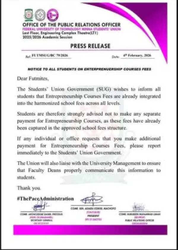 FUTMinna SUG clarifies entrepreneurship courses fees