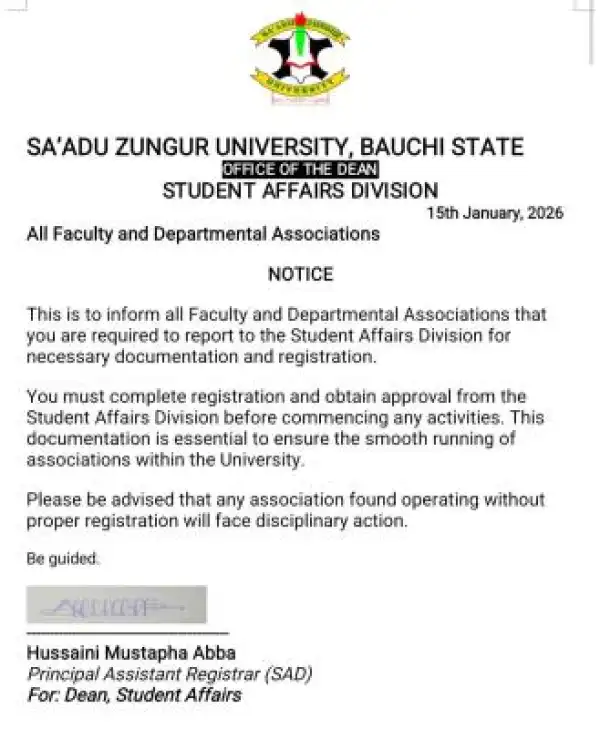 Sa’adu Zungur University mandates registration for all student associations