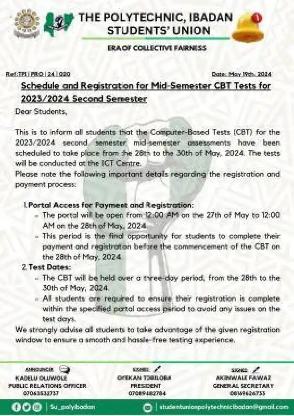 Poly Ibadan SUG notice on Mid-Semester CBT Tests for 2nd Semester, 2023/2024