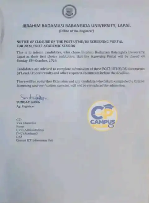 IBBUL notice on Closure of Post-UTME/DE Screening Portal, 2026/2027