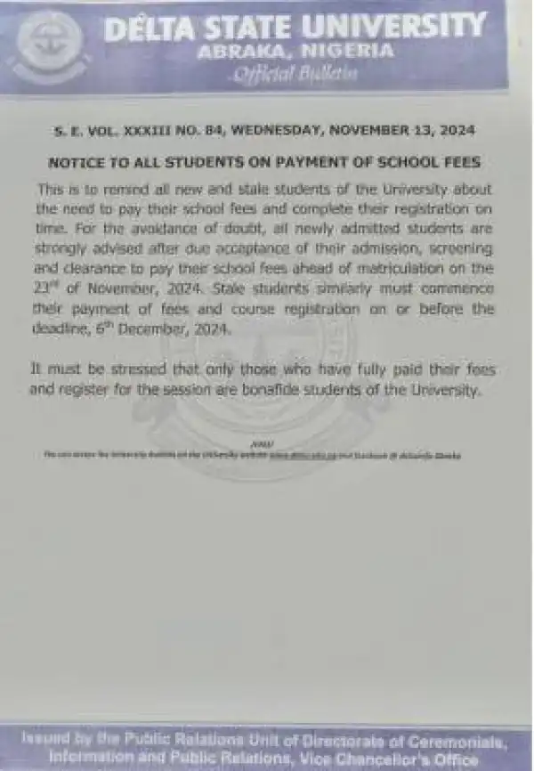 DELSU issues important notice to students on payment of school fees