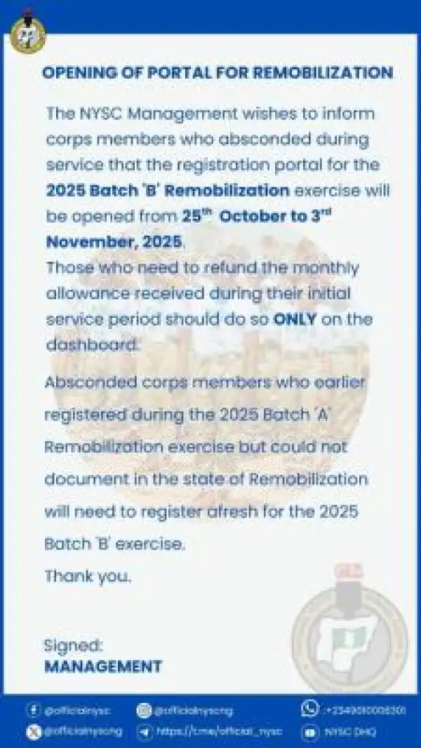 NYSC notice on 2025 Batch "B" remobilization exercise