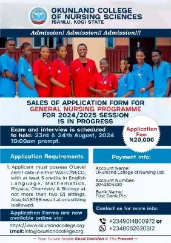 Okunland College of Nursing Sciences Admission into General Nursing, 2024/2025