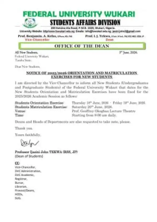 FUWUKARI orientation & matriculation ceremony for newly admitted students, 2025/2026