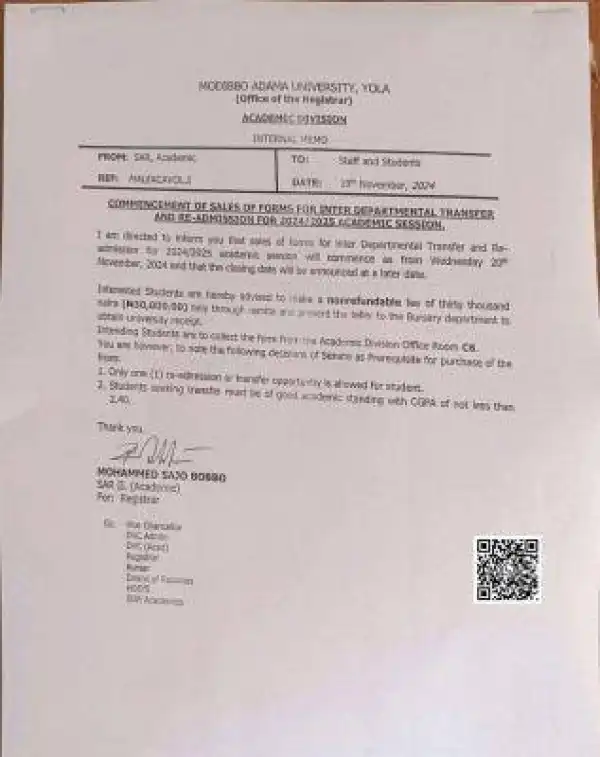 MAUTECH sales of inter-departmental transfer & re-admission form, 2024/2025