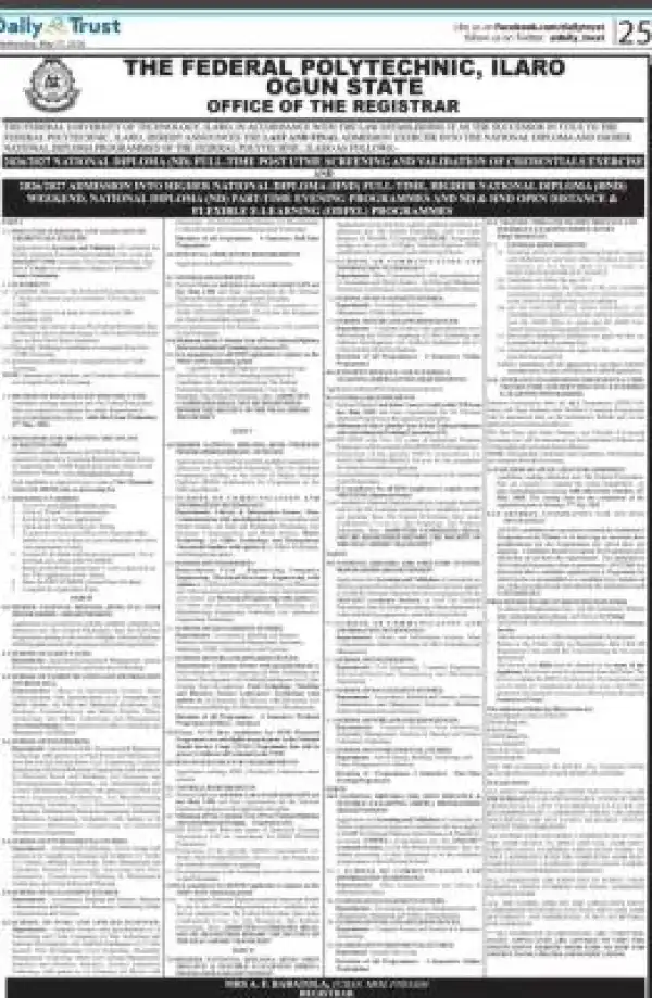 Federal Polytechnic, Ilaro HND Full-time Admission form, 2026/2027