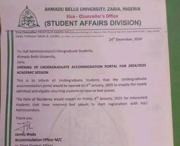 ABU notice on opening of undergraduate accommodation portal, 2024/2025