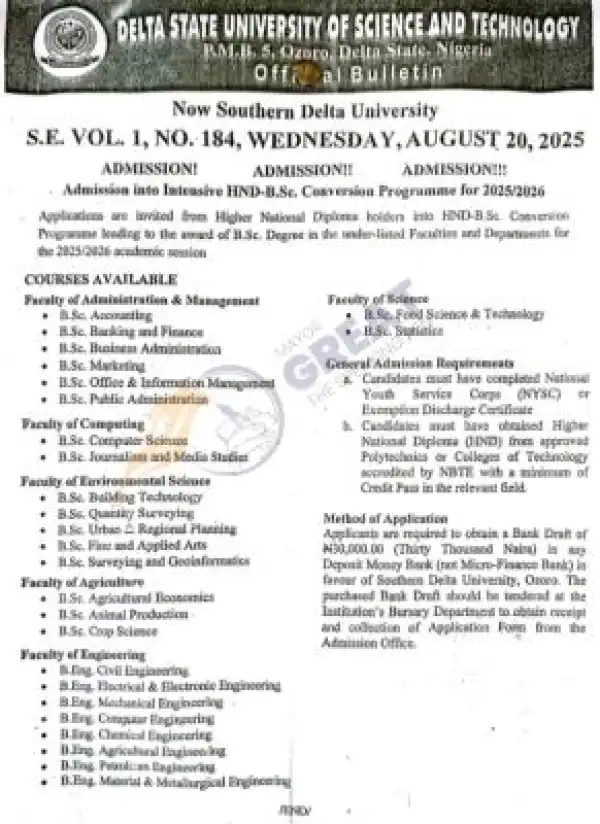 DSUST Admission into Intensive HND-B.Sc. Conversion Programme, 2025/2026