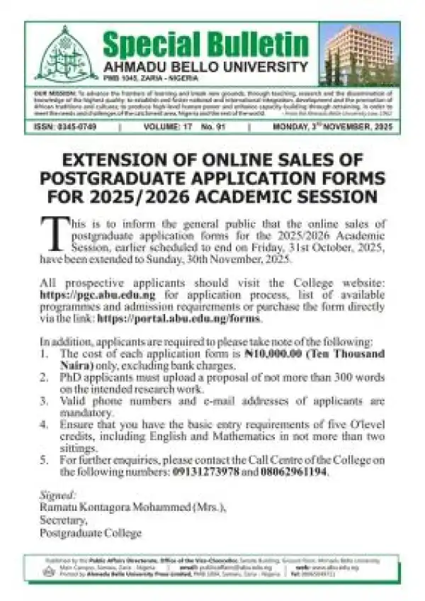 ABU extends sales of postgraduate forms, 2025/2026