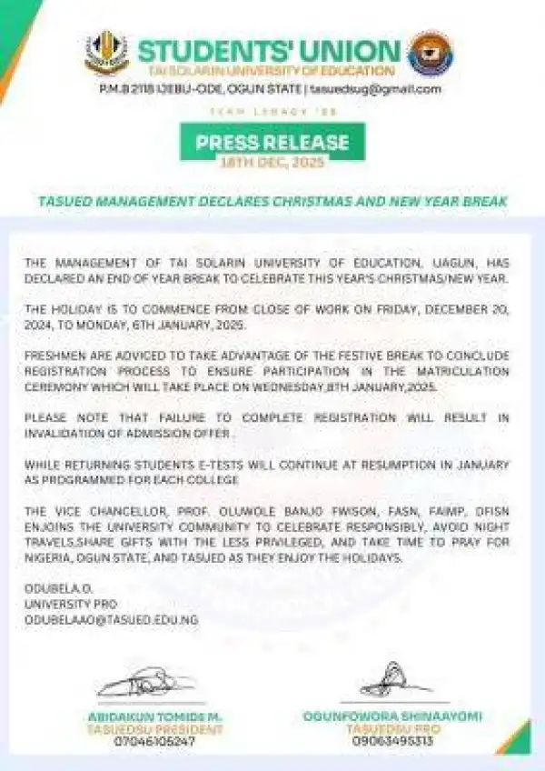 TASUED announces new year break and issue notice to all students