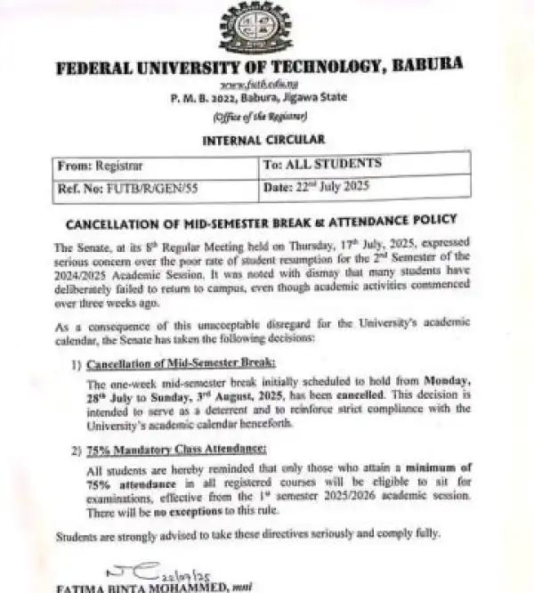 FUTB notice on cancelation of Mid-Semester Break & Attendance Policy