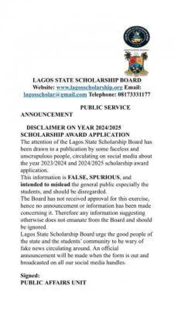 Lagos State Scholarship Board disclaimer notice on award application for 2024/2025 year