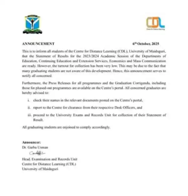 UNIMAID CDL announces availability of 2023/2024 statement of results