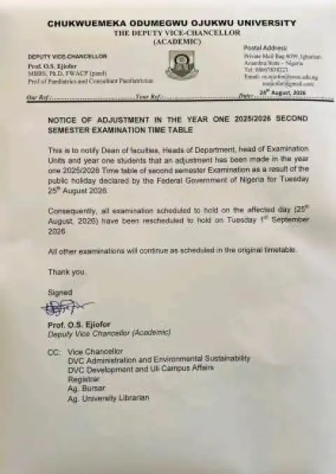 COOU Adjusts Second Semester Exam Timetable, 2025/2026