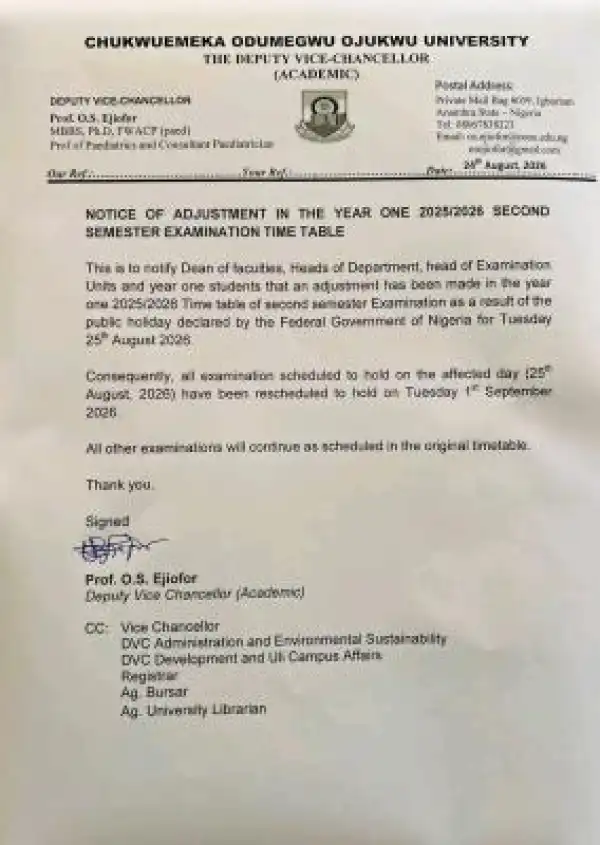 COOU Adjusts Second Semester Exam Timetable, 2025/2026
