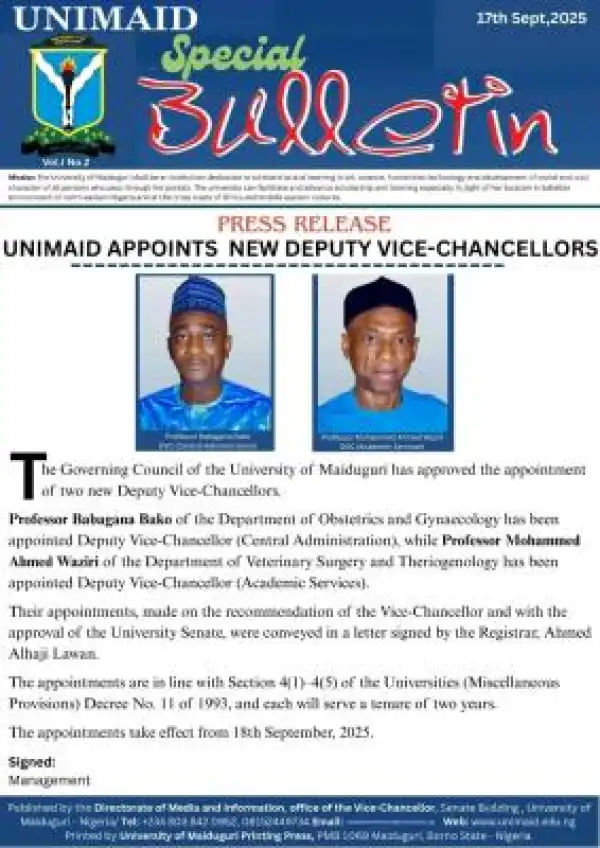 UNIMAID appoints new Deputy Vice Chancellors