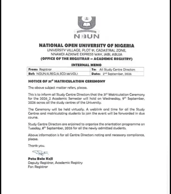 NOUN announces 31st Matriculation Ceremony