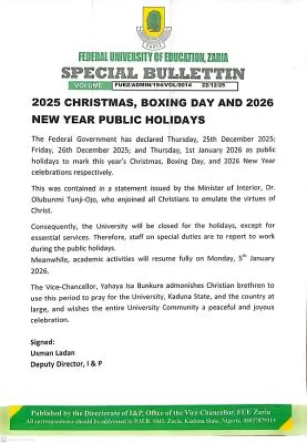 FUE Zaria announces Christmas and New Year break holidays