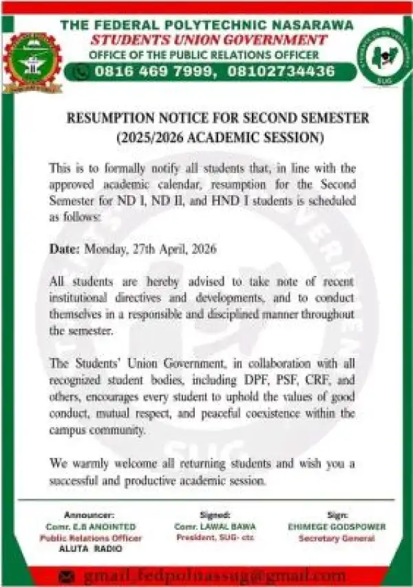 Nasarawa Poly SUG notice on Resumption of Second Semester, 2025/26