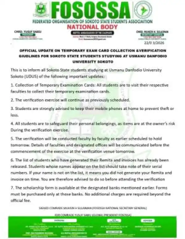 UDUSOK SOSSA notice to Sokoto State Students