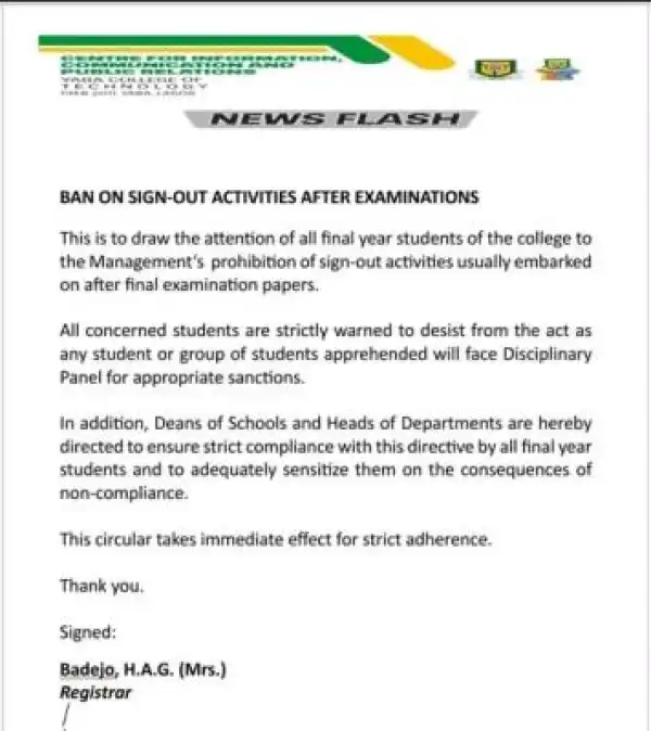 YABATECH management bans sign-out activities after examinations
