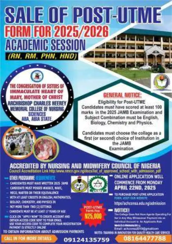Archbishop Charles Heerey College of Nursing Sciences, Aba releases application form, 2025/2026