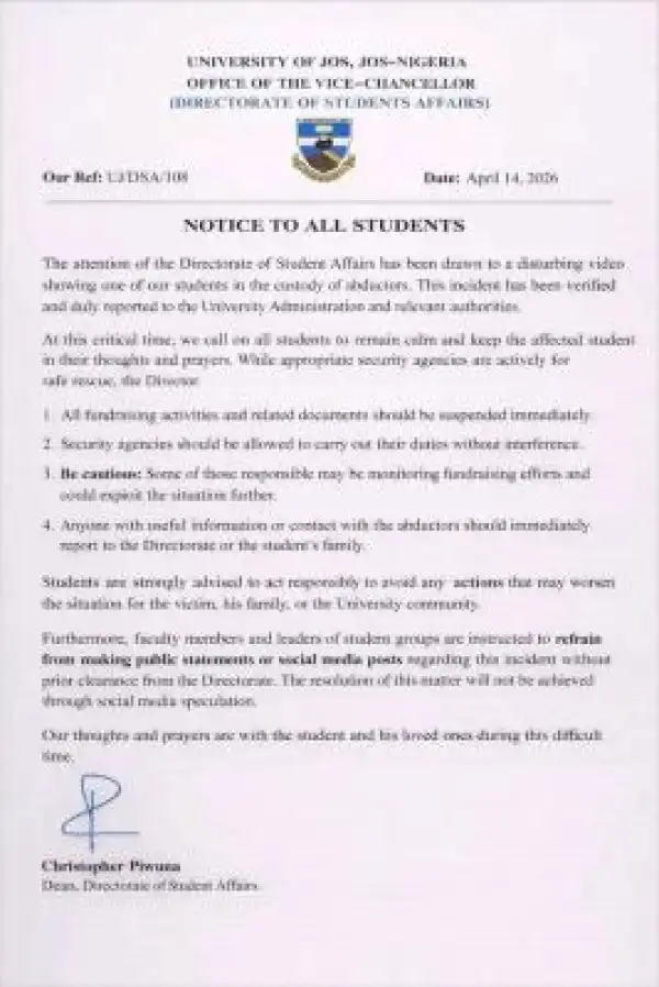 UNIJOS management responds to reported Student Abduction