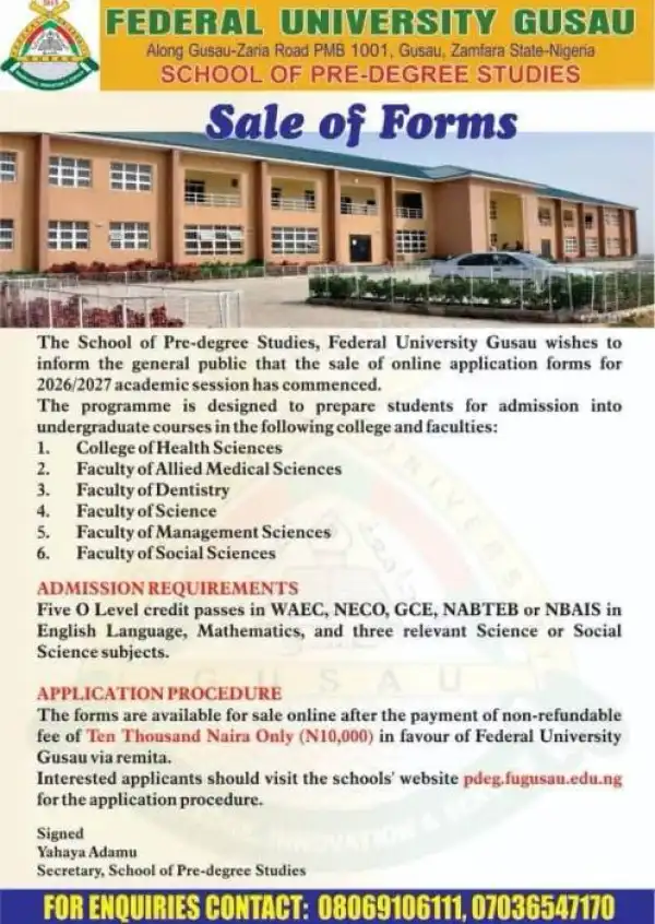 FUGUSAU Pre-Degree Admission form, 2026/2027