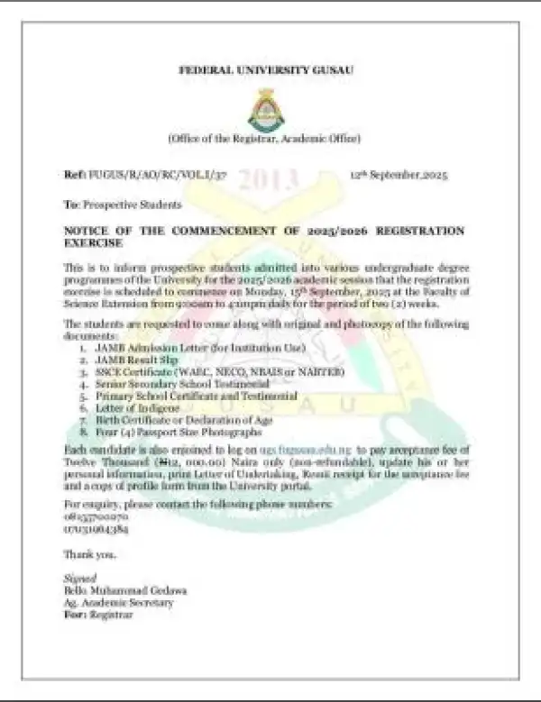 FUGUSAU notice on commencement of registration exercise for new students, 2025/2026