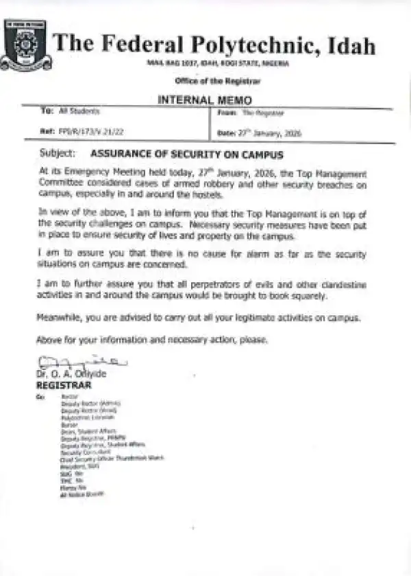 The Federal Polytechnic Idah assures students of maximum security on campus