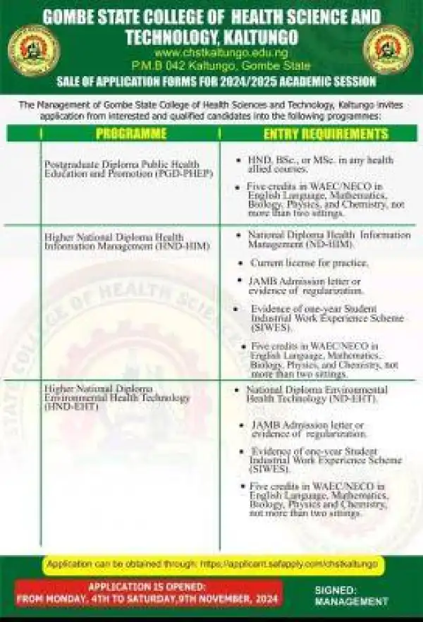Gombe College of Health Tech PGD-PHEP, HND-HIM & HND-EHT form, 2024/2025