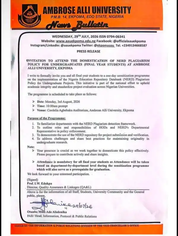 AAU announces one-day sensitization on the implementation of the NERD Plagiarism Policy