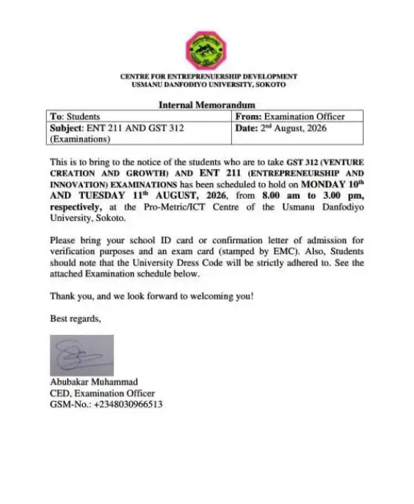 UDUSOK 2nd semester CBT timetable for ENT and GST Courses, 2025/2026