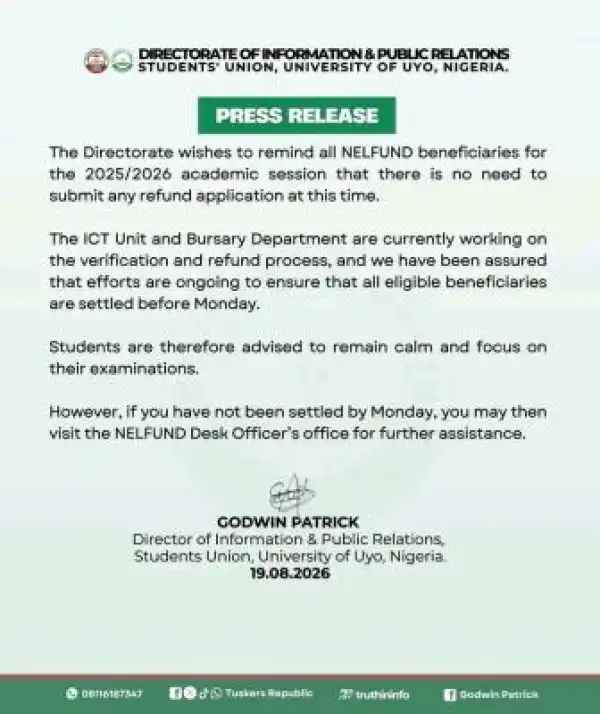 UNIUYO SUG notice to NELFUND Beneficiaries, 2025/2026