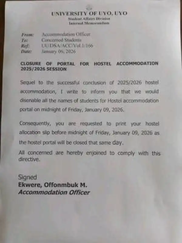 UNIUYO notice on closure of accommodation portal for 2025/2026 session