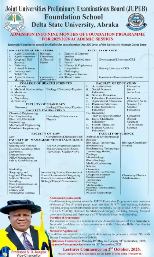 DELSU announces JUPEB Admission, 2025/2026