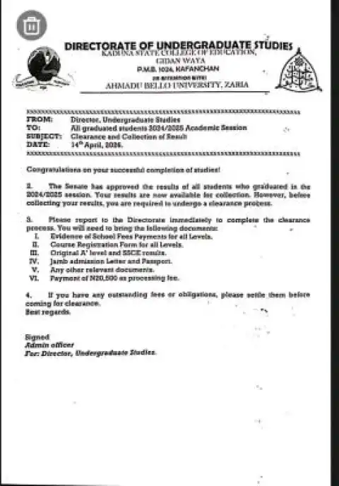 Kaduna State College of Education notice to 2024/2025 degree graduates on availability of results