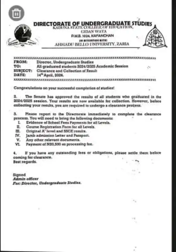 Kaduna State College of Education notice to 2024/2025 degree graduates on availability of results
