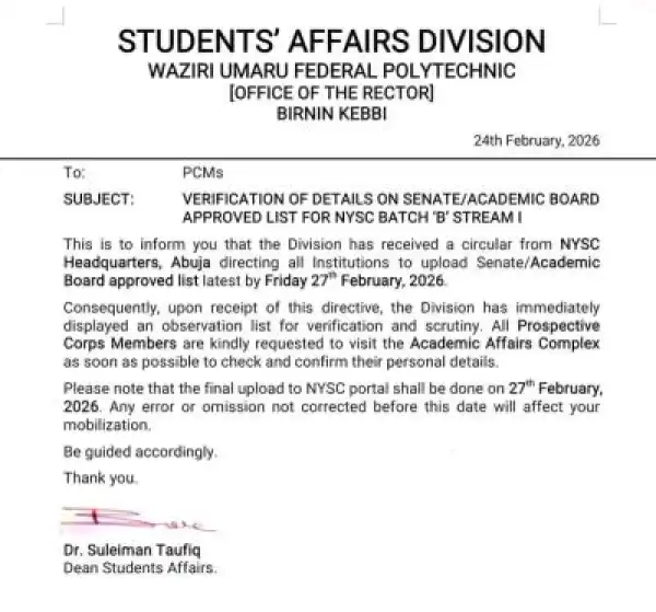 Wairi Umaru Fed Poly notice to prospective corps members on verification of details