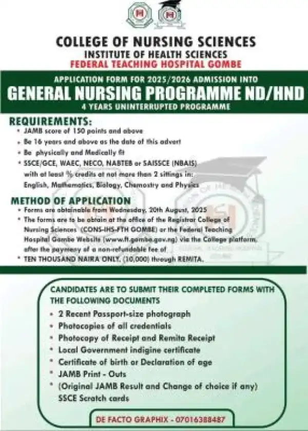 Federal Teaching Hospital Gombe releases ND/HND general nursing form, 2025/2026