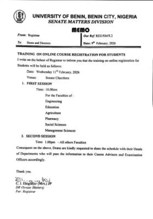 UNIBEN announces training on online course registration for students