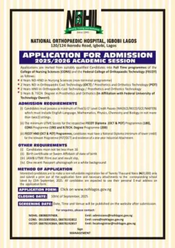 National Orthopedic Hosp. Igbobi, Lagos releases admission form, 2025/2026