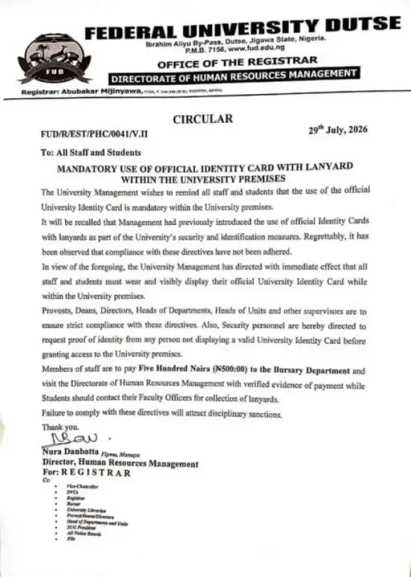 FUDUTSE reiterates mandatory use of ID Cards on Campus
