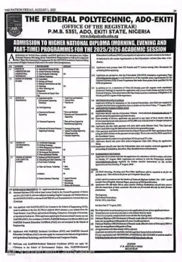 Fed Poly Ado releases HND admission form 2025/2026