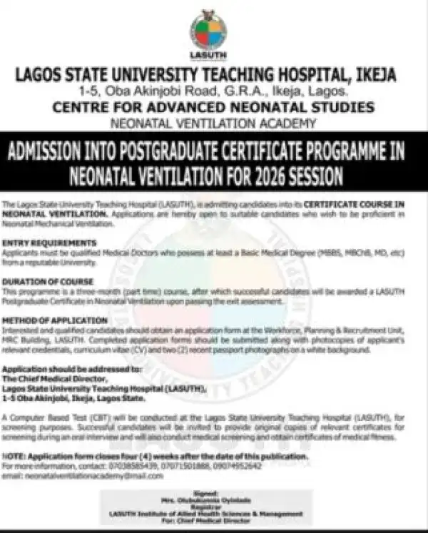 LASUTH Postgraduate Certificate Programme admission in Neonatal Ventilation (2026 Session)