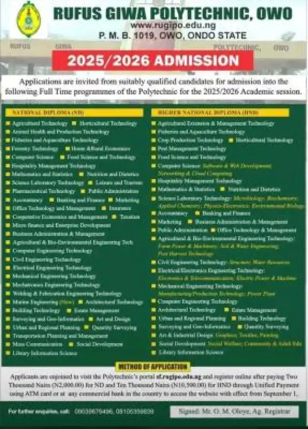 Rufus Giwa Polytechnic releases HND Admission form, 2025/2026
